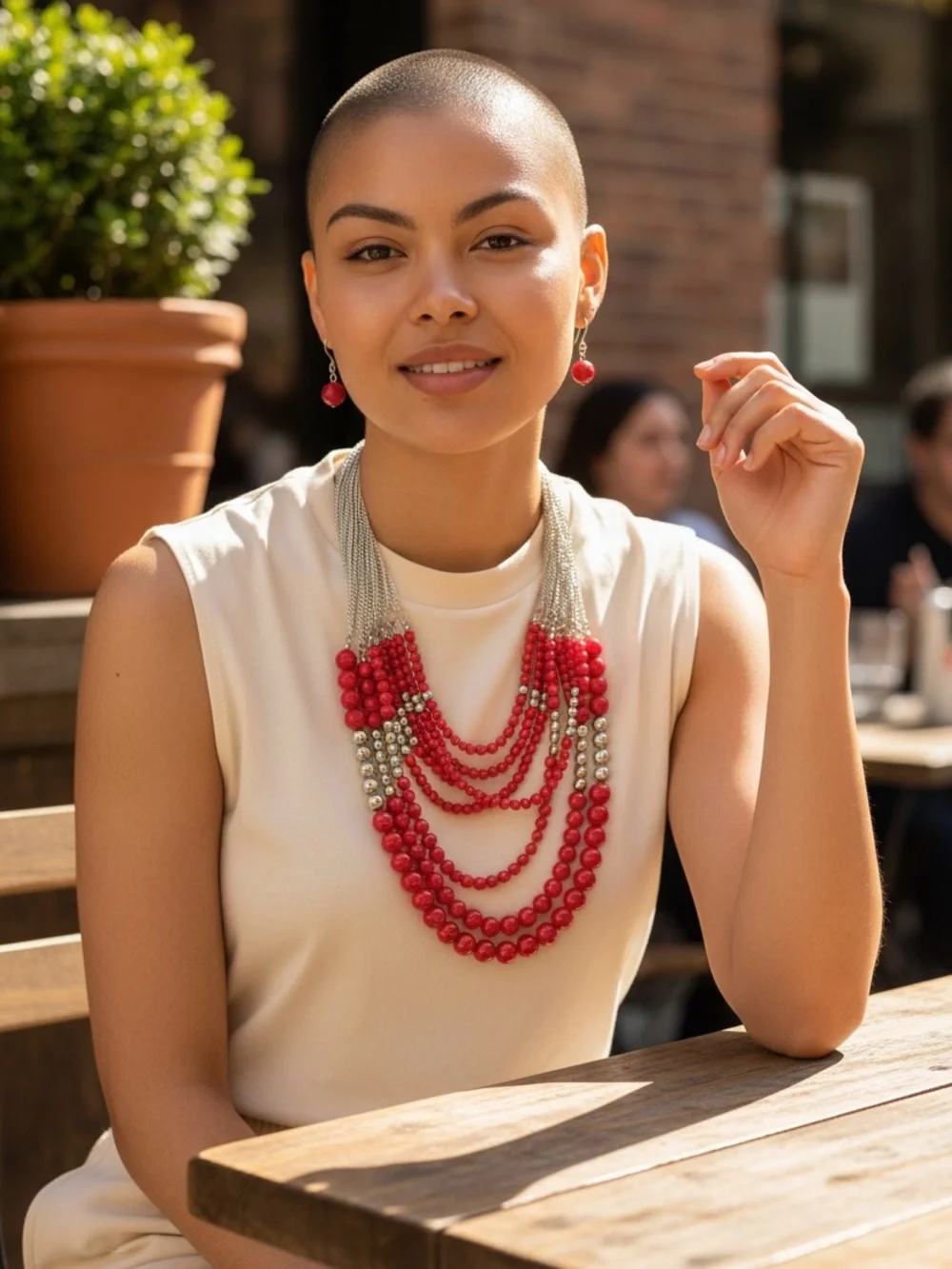Red Multi-Strand Beaded Necklace and Earrings Set - Gold Accents